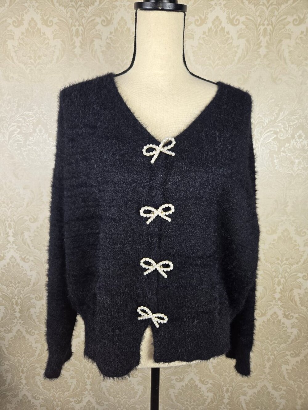Cupshe Size Small Black Fuzzy Cardigan Sweater Pearl Bow Snaps Vneck Long Sleeve